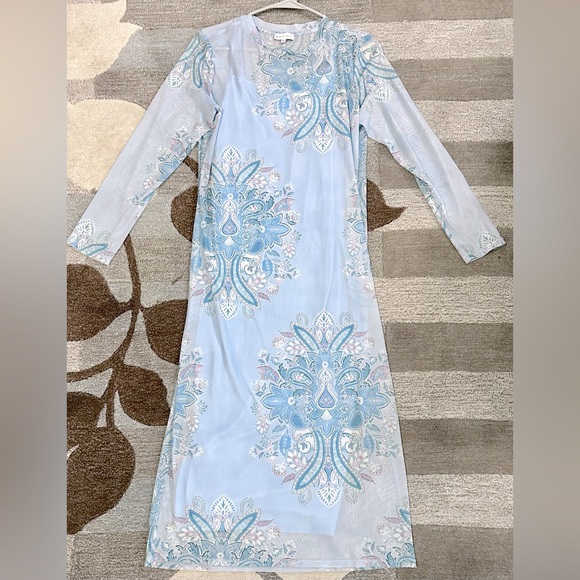 Gianni Bini Floral Mesh Printed Long Sleeve Midi Dress w Tonal Slip - Picture 2 of 8